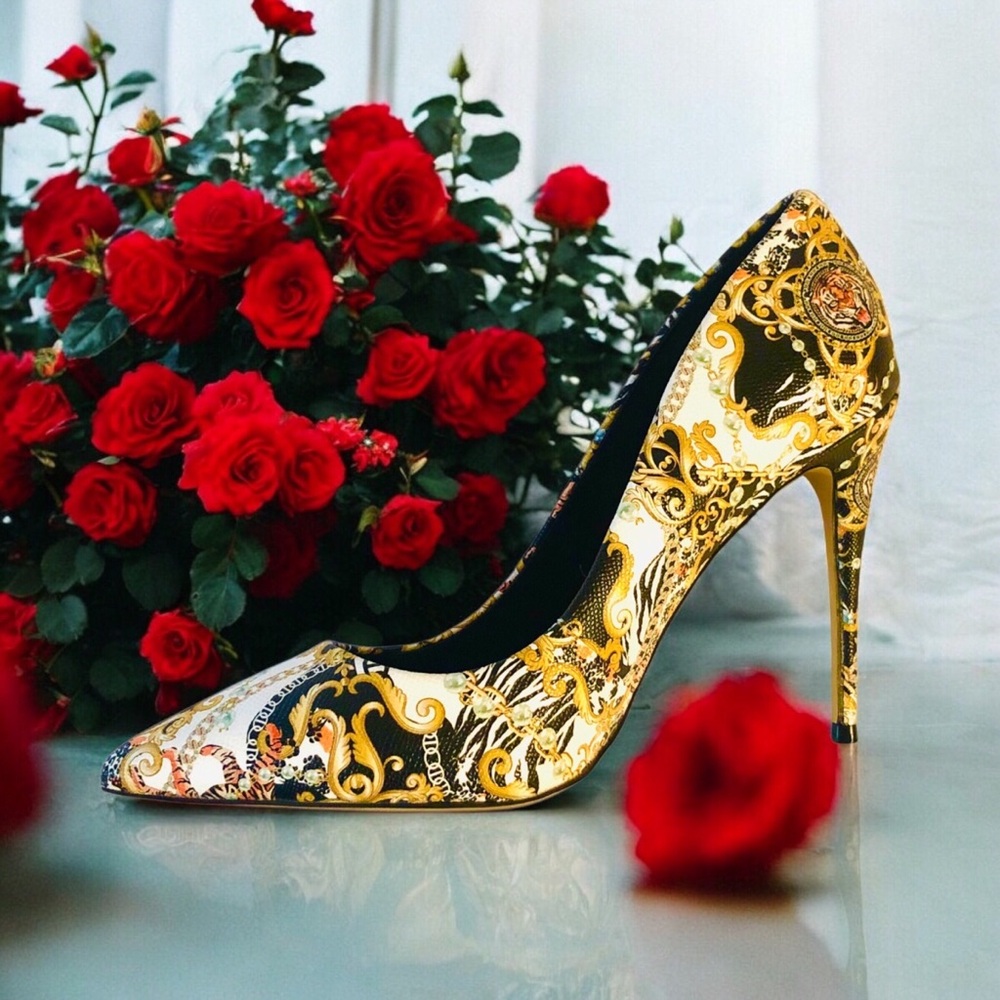 Aldo Gold Black White Baroque Print Stiletto Heels